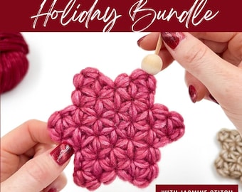 12 Holiday Jasmine Stitch Crochet Patterns, PDF pattern bundle, includes photo tutorials. Language: English.