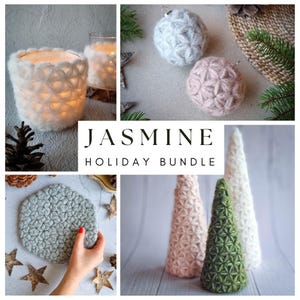 May include: A collection of crocheted holiday decorations, including a candle holder, ornaments, and a tree. The decorations are made in a variety of colors, including white, pink, green, and gray. The text "JASMIN HOLIDAY BUNDLE" is displayed in the center of the image.