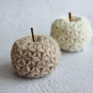 May include: Two crocheted apples, one brown and one white, with a textured, flower-like pattern. The apples are sitting on a light gray surface.
