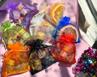 Crystal Mystery Bags • Raw Stones, Tumbled Stones, Mini Bath Salts, Rose Petals, Orange Slices • Healing Crystals • Crystal Gifts