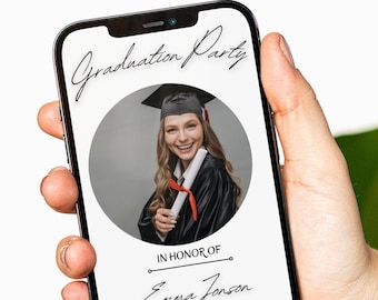 May include: A graduation party invitation on a smartphone screen. The invitation is for Emma Jonson and is for Saturday, June 25th from 4:00 PM to 9:00 PM. The invitation includes a photo of the graduate in a cap and gown holding a diploma. The invitation also includes the address and RSVP information.
