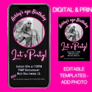 22nd Birthday, Neon Light Birthday Invitation, Editable Template, Adult bday Invite, Hot Pink, girl, ANY AGE, Let&#39;s Party, Instant Download