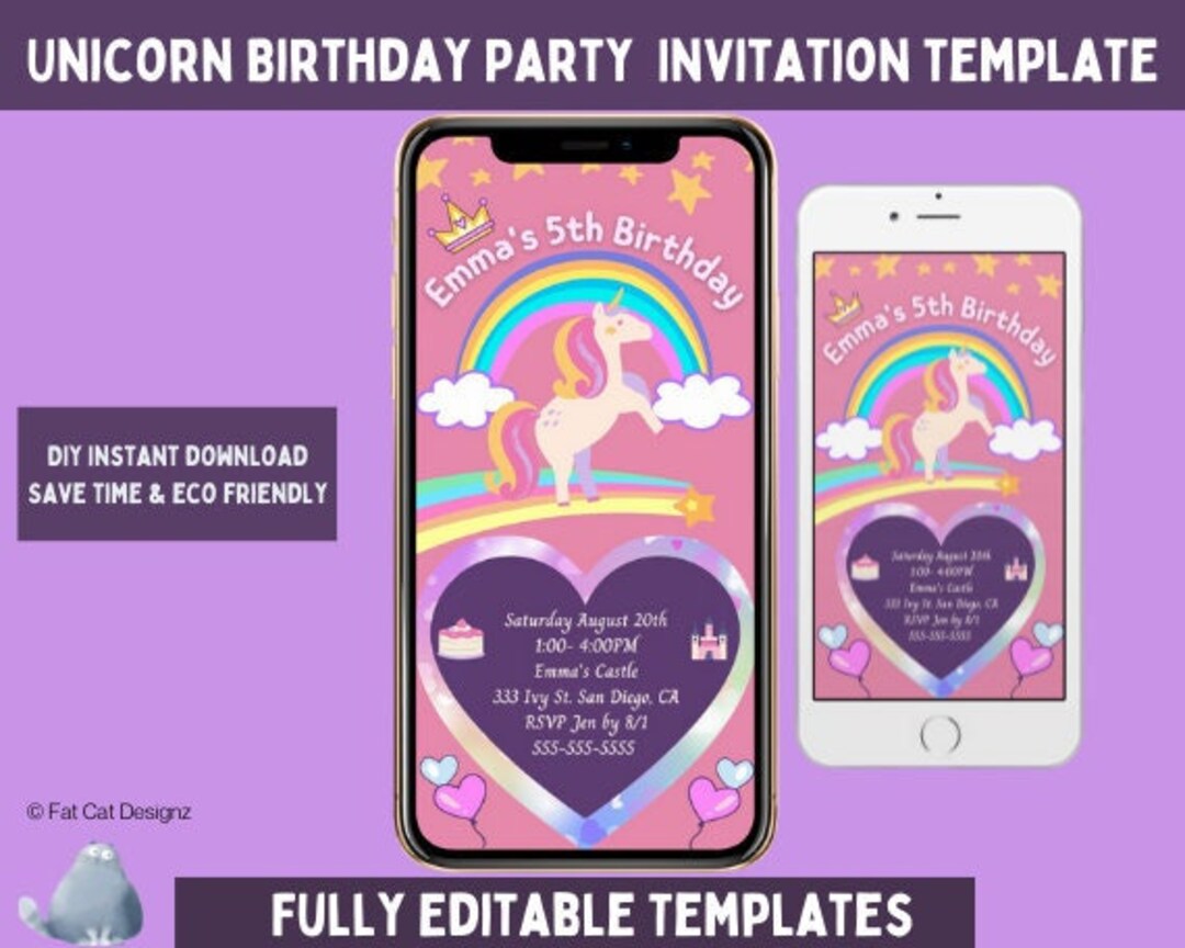 Unicorn Birthday Invitation Template, Fully Editable and Instant