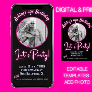 16th Birthday Invitation Template, Neon Light Birthday Invitation message, Editable Birthday Template, Hot Pink Birthday,  Instant Download