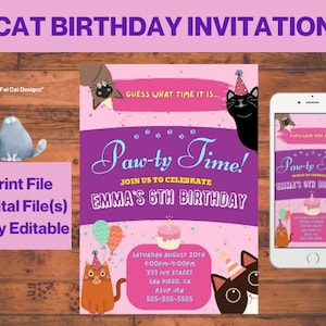 Cat Birthday Invitation - Kitten Birthday Invitation - Cat Birthday Template - Printable & Digital
