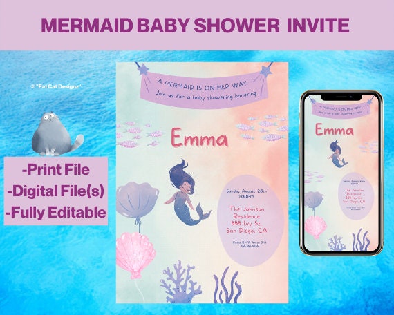 Mermaid Baby Shower Digital &amp; Printable Instant Download Templates ...