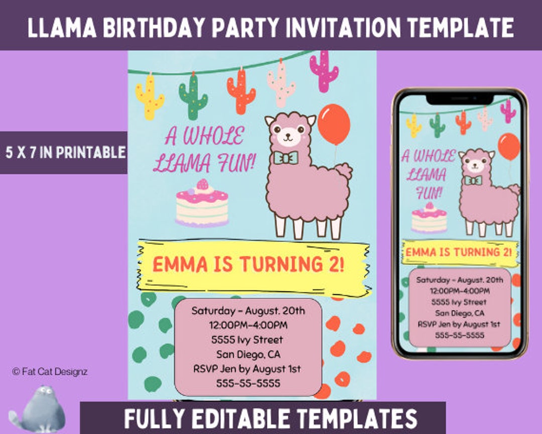 Llama Birthday Invitation , Llama Invitation Template, Digital Print ...