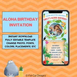 Aloha Birthday Invitation, Tropical Birthday, Luau Invitation, Aloha Invitation, Digital Download, Pool Party, Instant Download