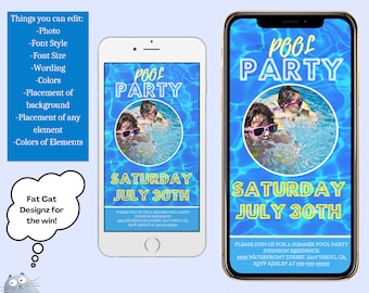 May include: Two smartphone templates for a pool party invitation. The design features a blue water background with the words "Pool Party" and "Saturday July 30th". The invitation includes a photo of children in a pool.