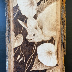 Op de afbeelding: Een gebrandschilderd beeld van een vleermuis met grote oren, hangend ondersteboven aan een wijnstok met witte bloemen. De achtergrond is donkerbruin hout.
