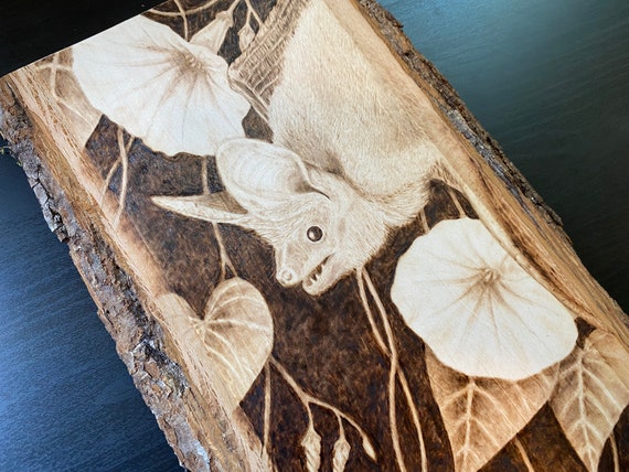 Bat and Morning Glories original woodburned art