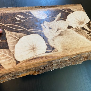 Op de afbeelding: Een gebrandschilderd beeld van een vleermuis met grote oren, die naar een maan kijkt, met een achtergrond van bladeren en bloemen.
