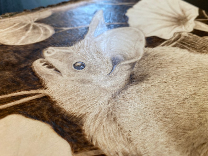 Op de afbeelding: Een close-up van een in hout gebrand beeld van een vleermuis met zijn bek open en &eacute;&eacute;n oog zichtbaar. De vleermuis kijkt omhoog en is omringd door een donkerbruine achtergrond.