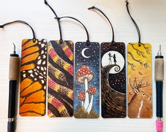 Handmade Wooden Bookmark, original woodburned art with fall theme, free custom message