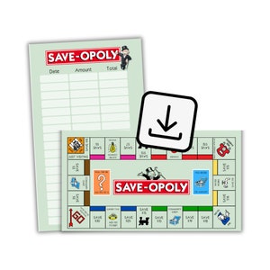 Puede incluir: Un juego de mesa imprimible llamado "Save-opoly", una variación del clásico juego de mesa Monopoly. El tablero presenta un fondo verde con un diseño de tablero al estilo de Monopoly. El juego está diseñado para ayudar a las personas a ahorrar dinero. El tablero incluye espacios como "Just Visiting", "Community Chest", "Luxury Tax" y "Water Works".