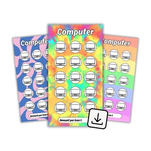 May include: Three sheets of colorful computer stickers with a tie-dye background. Each sheet has 25 computer icons in white on a circle. The text "Computer" is at the top of each sheet.