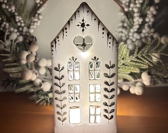 Christmas Holiday Decor, Gold and White Christmas Gingerbread House Tea Light Holder, Christmas Village Home Decor, Seasonal Holiday Decor