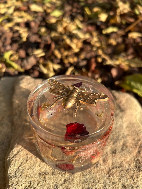Jewelry Box, Jewelry Storage, Real Rose Petals Golden Bee Jar With