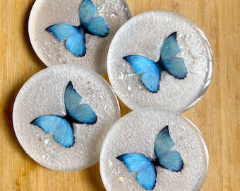 Handmade Resin Coasters: Blue Monarch Butterfly & Iridescent Shells