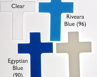 Precut 90 or 96 coe Clear, White, Blues, fusible glass crosses. 3.5" x 2.5" (aprox)