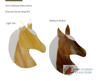 May include: Two stained glass horse head precut kits. One is light tan, the other is medium amber. Both have white accents. The text on the image reads "Em's Stained Glass Items" and "Precuts Horse Head Kit."
