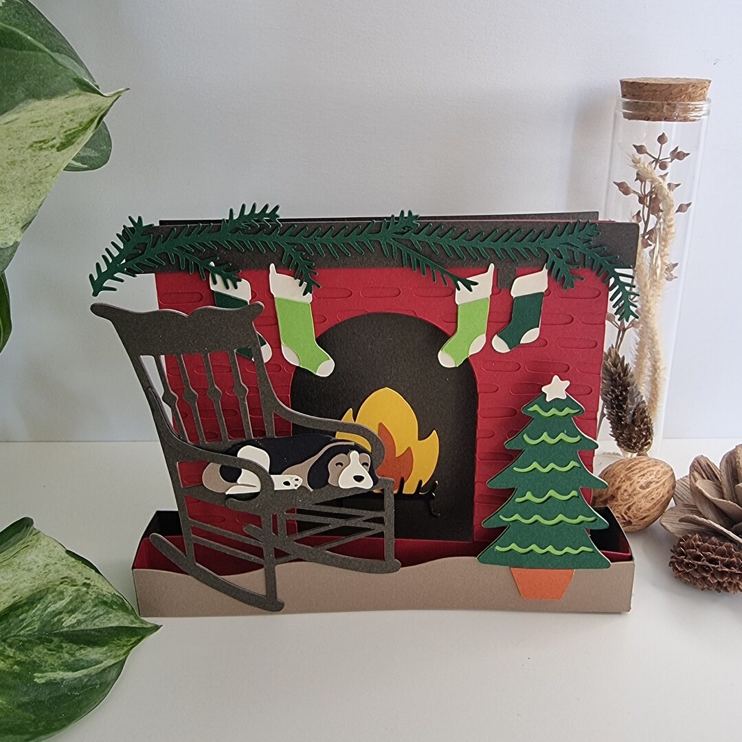 Dog Christmas Card Cosy Fireplace Christmas Card Add Message 3d Pop up