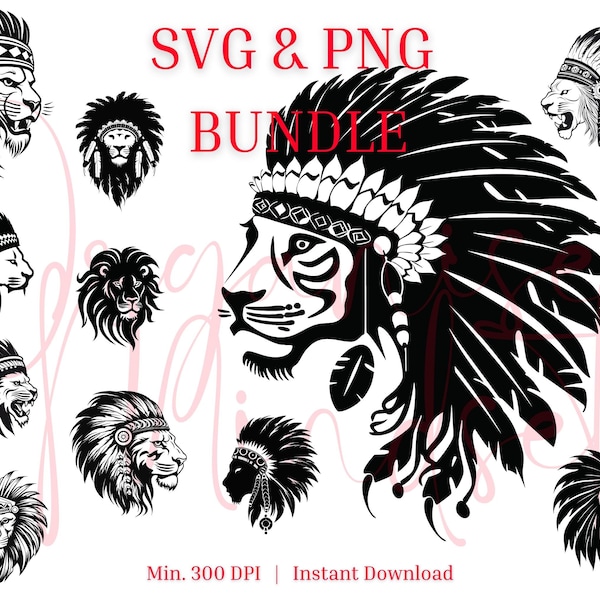 Lion Head with Tribal Headpiece SVG Bundle - digital art, Clip Art, Sublimation, Ai Printable Design Files, Cut file