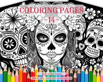 Witchy Day of the Dead Coloring Pages, Coloring Book, Mindful Activities, Witch Aesthetic, Adult Coloring Book, Printable Coloring Pages