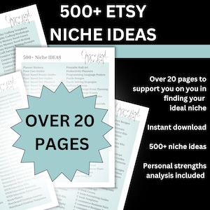 May include: A blue starburst graphic with the text "Over 20 Pages" on a white background. The image also shows a partial view of a document with the text "500+ Niche Ideas" and a list of Etsy shop ideas. The text "Over 20 pages to support you on you in finding your ideal niche" is also visible.