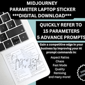 May include: A black and white laptop sticker with the text "MIDJOURNEY PARAMETER LAPTOP STICKER ***DIGITAL DOWNLOAD***" and "QUICKLY REFER TO 15 PARAMETERS 5 ADVANCE PROMPTS". The sticker also includes a list of parameters and prompts for the AI image generator Midjourney.