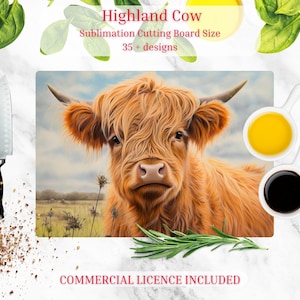 Highland Cow Cutting Board Design. Use for sublimation onto Glass Cutting Board. PNG Printable and Scalable Digital File.