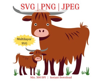 May include: A digital illustration of a brown Highland cow with a smaller brown Highland calf standing next to it. The cow has a white face and a white spot on its back. The calf has a white face and a white spot on its back. The background is white. The text "Multilayer SVG" is in a yellow starburst shape.