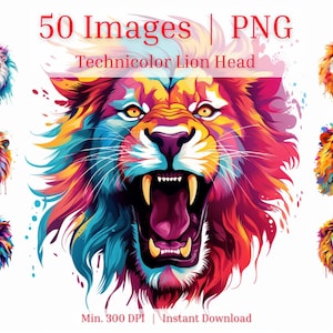 50 種類以上のカラフルなライオンの頭の PNG バンドル。POD や昇華に最適なテクニカラーのライオンのポートレート画像。