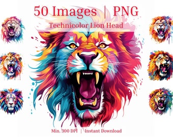 Más de 50 paquetes PNG de cabeza de león de colores. Imágenes de retratos de leones en tecnicolor ideales para POD y sublimación.