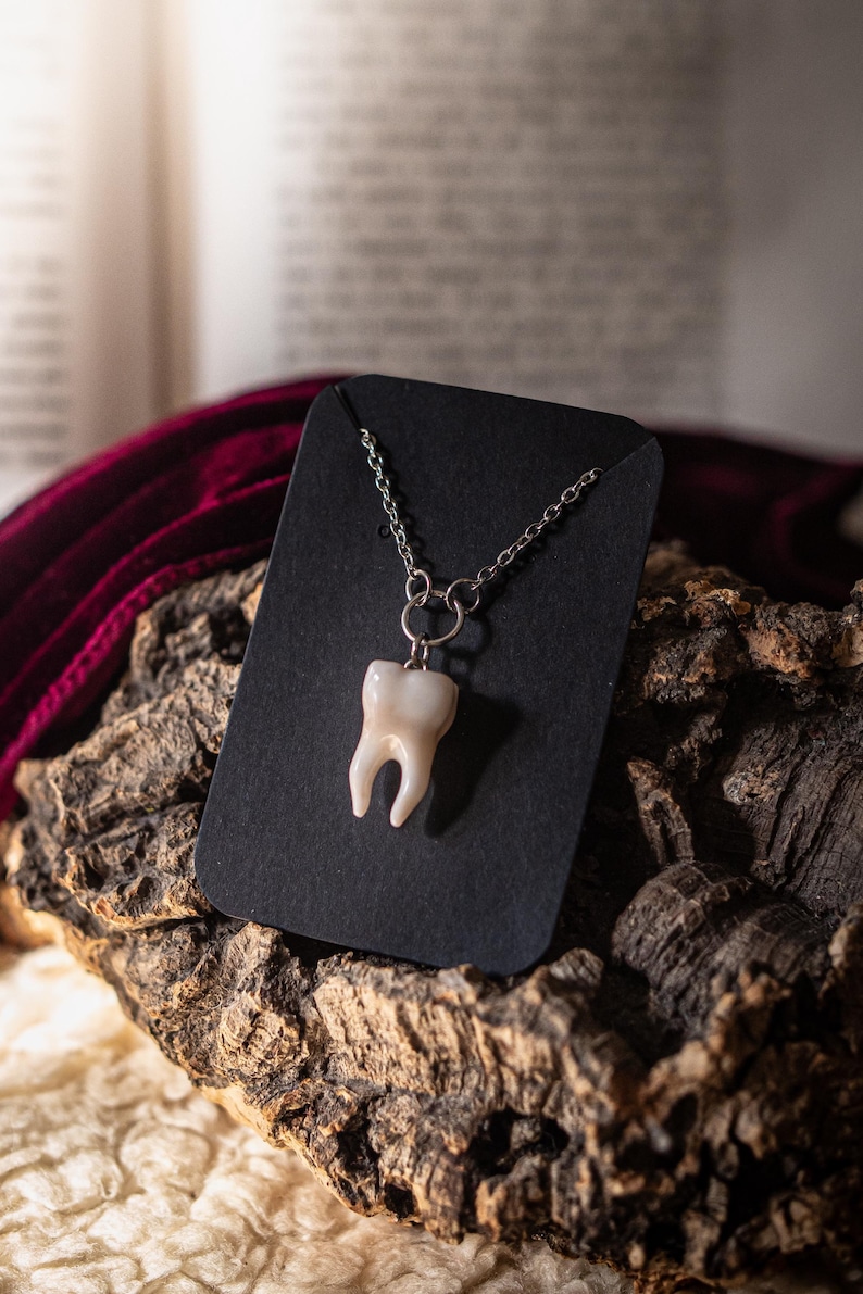 May include: A tooth-shaped pendant necklace. The pendant is a realistic, off-white molar, suspended from a silver-colored chain. The necklace is displayed on a black card against a textured, dark wood background, with a burgundy fabric in the background.
