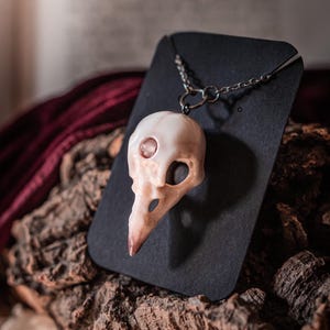 Op de afbeelding: Een ketting met een vogel schedel hanger. De schedel, in gebroken wit met roze tinten, heeft oogkassen en een snavel, hangend aan een zilveren ketting. Gepresenteerd op een zwarte kaart, tegen een getextureerde, bruine achtergrond. Een gothic accessoire.
