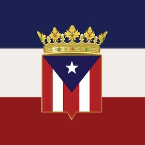 May include: A blue, white, and red flag with a gold crown and a shield featuring a white star on a blue triangle with red and white stripes. The shield is surrounded by a gold frame.