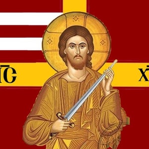 May include: A red flag with a white and blue star and stripes in the upper left corner. The flag is divided into four sections by a yellow cross. The center section features a golden icon of Jesus Christ holding a sword. The text "IC XC" is written in black on the yellow stripes.