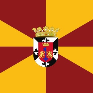 May include: A yellow and maroon flag with a coat of arms in the center. The coat of arms is a shield with a black and white checkered pattern, a red fleur-de-lis, a blue cross, and two gold lions.