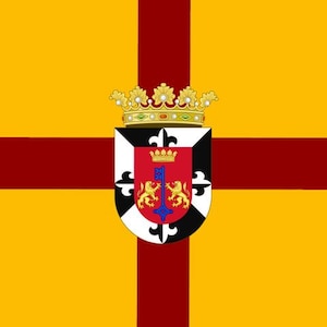 May include: A yellow flag with a red cross and a coat of arms in the centre. The coat of arms features a shield with a black and white chequered pattern, a gold crown, and two golden lions holding a key.