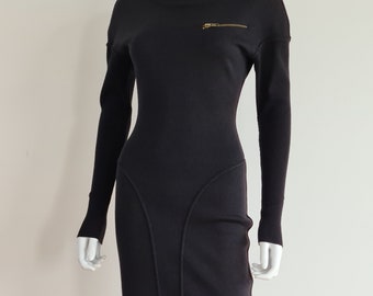 Alaïa iconic F/W 1986 black virgin wool knitted bodycon dress with brass zippers and carefully engineered raised seams – 80s fashion