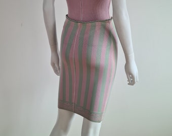 Alaïa S/S 1992 rococo green and pink striped stretch bandage knit skirt with scalloped waistband and patterned hemline - 90s fashion