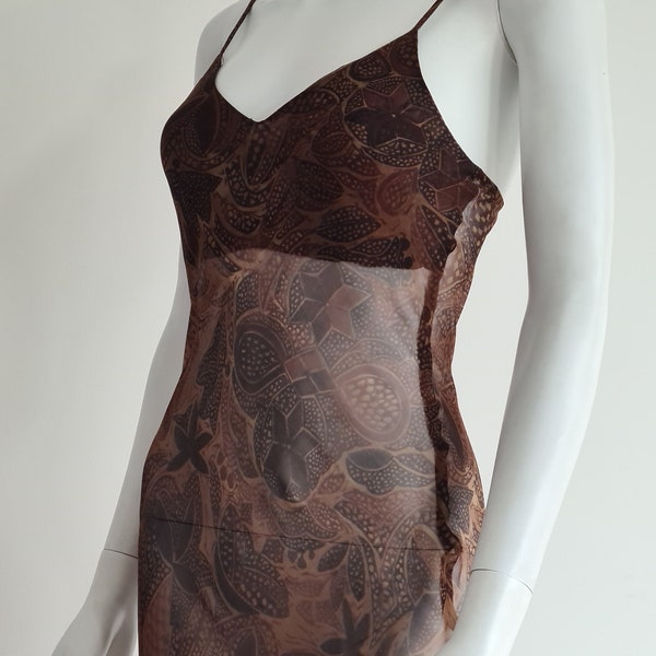 Dries Van Noten S/S 1997 small sheer chiffon slip dress with a tattoo-inspired exotic print perfect for layering – 90s fashion