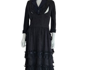 Comme des Garçons hybrid A/W 2006 black floral silk damask ruffled dress with transplant of suit lapels at the neck