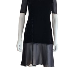 Prada Fall/Winter 1994 minimalist dress in black panne velvet and sheer silk crepe – 90s fashion