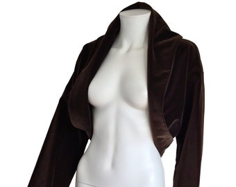 Romeo Gigli iconic A/W 1989 cocoon bolero jacket in chocolate brown velvet with no closures, shawl collar and bubble hem – 80s fashion