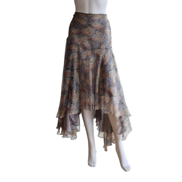 Alexander McQueen S/S 2004 "Deliverance" airy asymmetrical silk chiffon skirt with iconic butterfly-wing print and diagonal buttoning