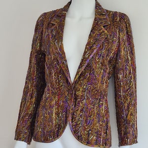 Lanvin Couture ca 1978 numbered fitted multicoloured silk jacket with pictural print and thread embroidery - 70s fashion