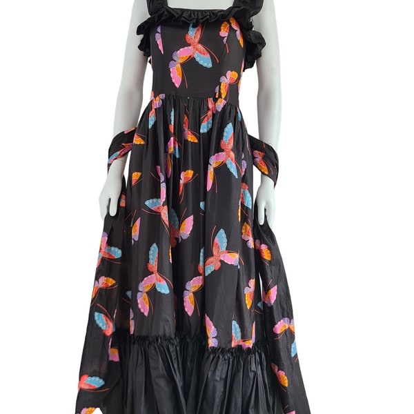 Ungaro Parallele late 70s or early 80s Andalusian-style maxi ruffle dress with butterfly print