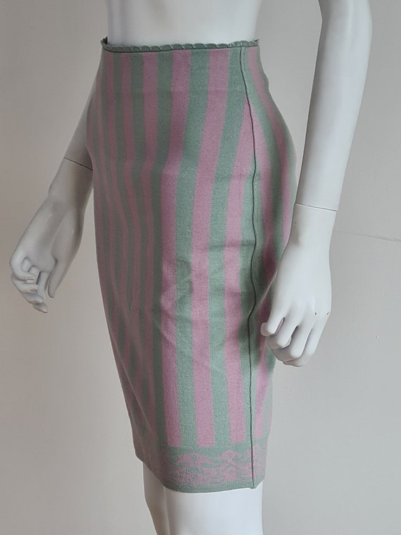 Alaia S S 1992 Green and Pink Striped Stretch Bandage Knit Skirt With Scalloped Waistband and Patterned Hemline 90s Fashion Etsy